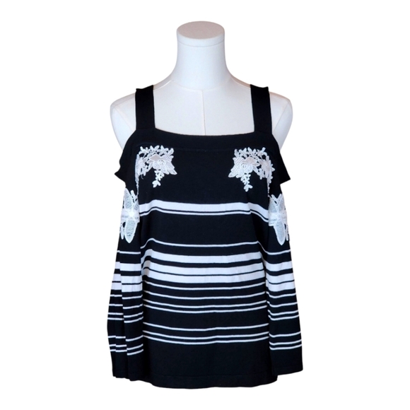 INC Cold Shoulder Striped Knit Top L Black White Lace Appliqué Chic Trendy - Picture 1 of 6